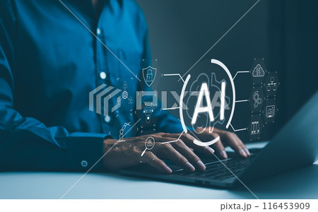 Artificial intelligence technology concept. A technology professional interacts with icons representing different aspects of artificial intelligence on a computer. intelligent tech, AI prompt generate Artificial intelligence technology concept. A technology professional interacts with icons representing different aspects of artificial intelligence on a computer. intelligent tech, AI prompt generate 116453909