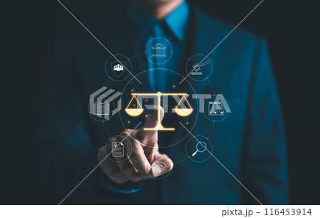Legal Professional with Justice Icons. A suited legal professional touches virtual icons symbolizing law, justice, and legal services. business legislation, Notary public, legal advice online, Lawyer Legal Professional with Justice Icons. A suited legal professional touches virtual icons symbolizing law, justice, and legal services. business legislation, Notary public, legal advice online, Lawyer 116453914