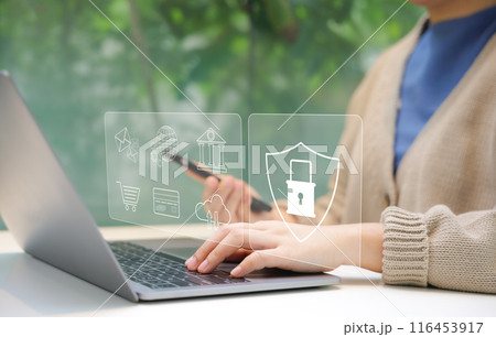 Cybersecurity Management and Data Protection Concept. Showcasing a cyber security management interface with icons representing secure data, cloud storage, and network protection. Encryption privacy, 116453917