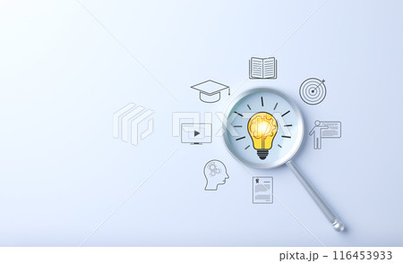 Educational growth and goal achievement concepts. Magnifying glass focuses on a light bulb representing ideas, surrounded by various education symbols. e-Learning, learning online, training course, Educational growth and goal achievement concepts. Magnifying glass focuses on a light bulb representing ideas, surrounded by various education symbols. e-Learning, learning online, training course, 116453933