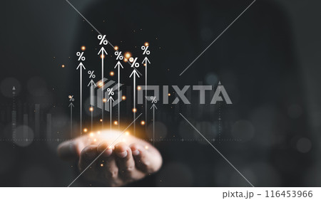 Interest rate and dividend concept. Businessman hand with rising arrow and percentage icon. Business finance and money concept, Investment growth, Return on stocks and mutual funds, profitability, 116453966