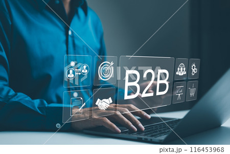 B2B business strategy concept. Businessman working with a B2B virtual interface on a laptop, conceptualizing strategy, partnership, targets in business to business services. E-commerce, B2B Marketing 116453968