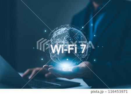 Person presenting global WiFi 7 connectivity concept. Showcases a holographic globe with the Wi-Fi 7 technology symbol, representing the next generation of wireless connectivity. Use internet by WiFi7 116453971