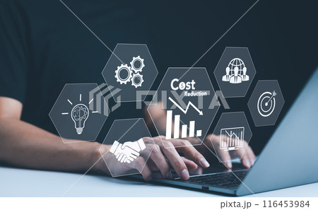 Cost reduction concept. Quality increase and cost optimization, Hands typing on a laptop with digital icons representing business efficiency and cost reduction. Effective business, Expense reduce, 116453984