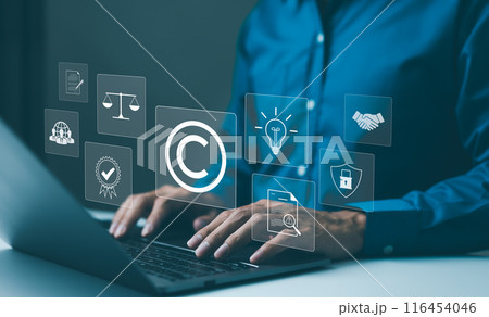 Copyright or patent concept. Professional working on a laptop with digital icons representing intellectual property and digital copyright law. Trademark license, copyleft, Rights symbol, Piracy crime, 116454046