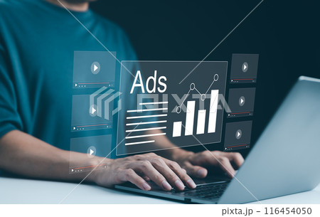 Digital Advertising Analytics and Video ADS Campaigns. Person using laptop analyzing digital ad performance metrics and campaign data. Digital marketing online, Content creation, Customer engagement, 116454050