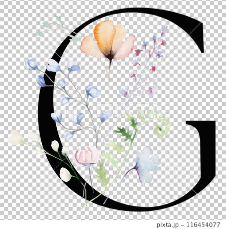Black letter G with Watercolor pastel tender wild flowers and leaves, wedding isolated illustration 116454077