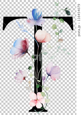 Black letter T with Watercolor pastel tender wild flowers and leaves, wedding isolated illustration 116454079