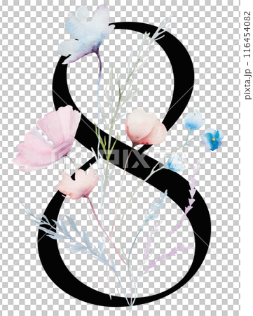 Black number 8 with Watercolor pastel wild flowers and leaves, wedding isolated illustration 116454082