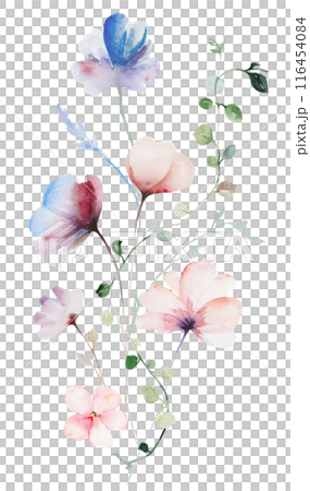 Bouquet made with watercolor pastel wild flowers and leaves, hand drawn wedding illustration Bouquet made with watercolor pastel wild flowers and leaves, hand drawn wedding illustration 116454084