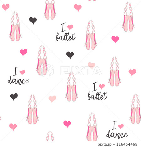 Seamless pattern with ballet pointe shoes and additional elements, imitation of a sketch, watercolors. Ballet school Seamless pattern with ballet pointe shoes and additional elements, imitation of a sketch, watercolors. Ballet school 116454469