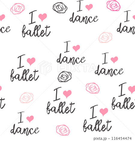 Seamless pattern with ballet pointe shoes and additional elements, imitation of a sketch, watercolors. Ballet school 116454474