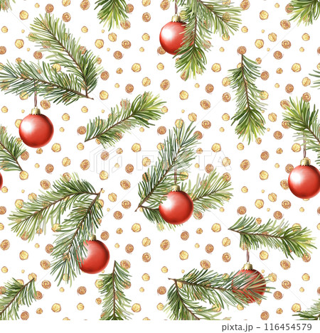 Seamless pattern with fir tree branches and red balls. Christmas background Seamless pattern with fir tree branches and red balls. Christmas background 116454579