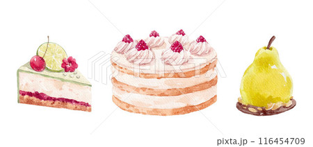 Beautiful stock illustration with watercolor hand drawn delicious dessert. Clip art. Cake illustration for menu design. Beautiful stock illustration with watercolor hand drawn delicious dessert. Clip art. Cake illustration for menu design. 116454709