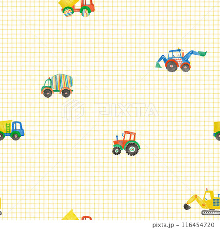 Beautiful childish seamless pattern with hand drawn watercolor kid's toys illustrations. Construction equipment concrete mixer dump truck excavator tractor. 116454720