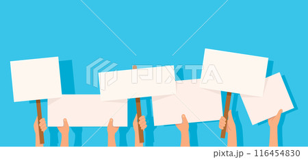 Protesters holding placard sign banner vector illustration 116454830