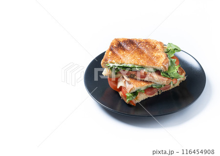 Healthy spinach, tomato and cheese sandwich isolated on white background 116454908