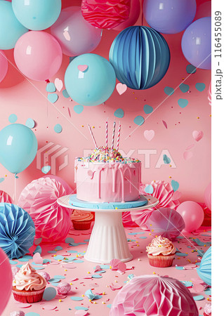 birthday cake background with candles and balloons decorated with pastel colors. Ai generative 116455089