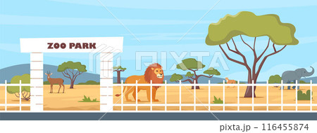 Zoo entrance gate and exotic African animals. Elephant, giraffe, camel, cheetah, lion, flamingo, vulture, monkey on territory of wildlife zoo park surrounded by fence. Vector illustration. Zoo entrance gate and exotic African animals. Elephant, giraffe, camel, cheetah, lion, flamingo, vulture, monkey on territory of wildlife zoo park surrounded by fence. Vector illustration. 116455874