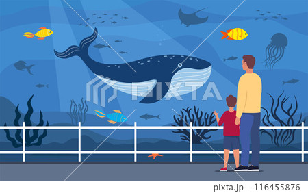 Parent and kid watching underwater scenery with sea animals in oceanarium. Underwater fauna with fish, seaweed, whale, jellyfish. Marine world representatives. Oceanarium visitors. Vector. 116455876