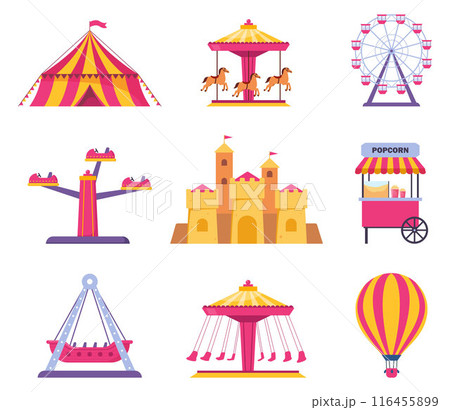 Amusement park icons. Vector carnival circus tent, ferris wheel, roller coaster, carousel and popcorn booth, tickets box, balloon. Vector. 116455899