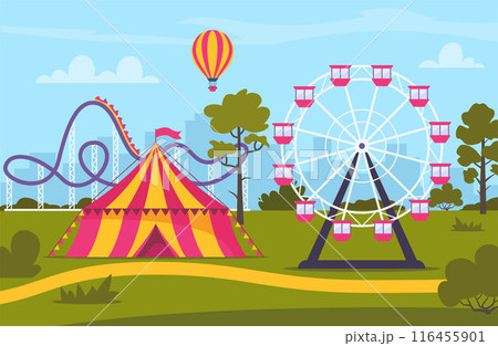 Amusement park composition with outdoor scenery and view of circus, rollercoaster and ferris wheel. Vector illustration. Amusement park composition with outdoor scenery and view of circus, rollercoaster and ferris wheel. Vector illustration. 116455901