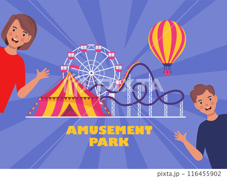 Amusement park composition with circus, rollercoaster and ferris wheel. Happy kids having fun. Poster banner template for amusement park advertising. Vector illustration. Amusement park composition with circus, rollercoaster and ferris wheel. Happy kids having fun. Poster banner template for amusement park advertising. Vector illustration. 116455902