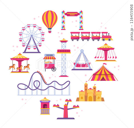 Amusement park icons. Vector carnival circus tent, ferris wheel, roller coaster, carousel and popcorn booth, tickets box, balloon. Vector. 116455908