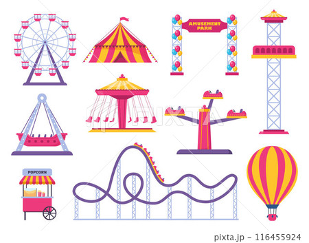 Amusement park icons. Vector carnival circus tent, ferris wheel, roller coaster, carousel and popcorn booth, tickets box, balloon. Vector. Amusement park icons. Vector carnival circus tent, ferris wheel, roller coaster, carousel and popcorn booth, tickets box, balloon. Vector. 116455924