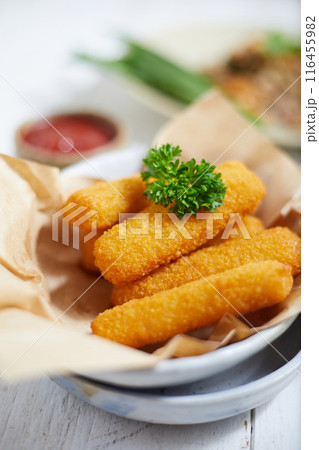 Close up Fried fish sticks. 116455982