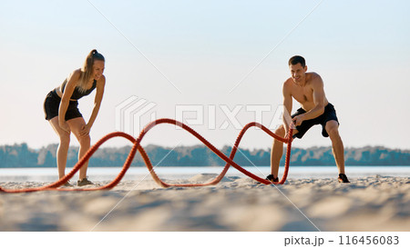 Man and woman exercising with battle ropes on sandy beach, set against water and trees backdrop under clear sky. 116456083