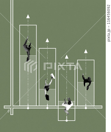 Four business people running inside bar charts with upward arrows. Growth, progress, and pursuit of business objectives, improvement in professional life. Conceptual minimalistic design. 116456092