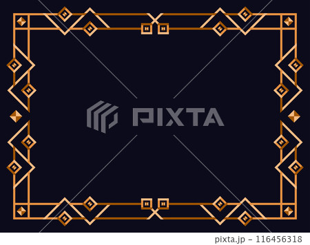 Frame in art deco style in gold color. Vintage linear border. Elegant vintage frame in minimalist style on a black background. Frame design for invitations, flyers and banners. Vector illustration 116456318
