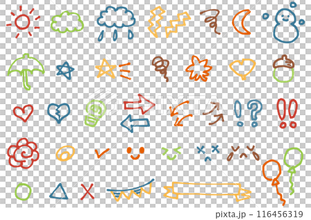 カラフルな手書きの可愛い落書き素材セット 116456319