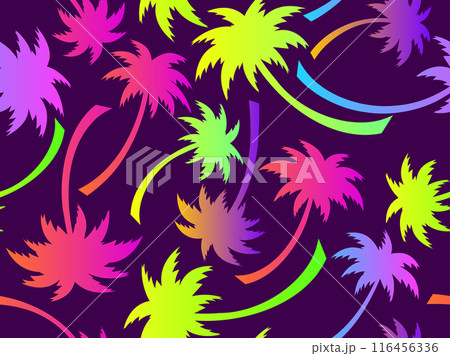 Palm trees seamless pattern. Colorful gradient palm trees. Background with tropical pattern of palm trees. Summer time. Design for wallpapers, banners and promotional items. Vector illustration 116456336