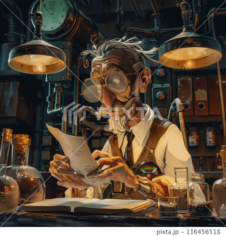 Scientist working in a dimly lit laboratory with beakers and bookshelves in the background 116456518