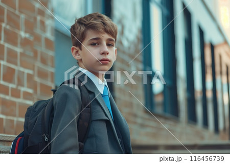 Caucasian teen boy stands confidently on stairs wearing formal suit, tie. He looks directly into camera with backpack resting against him. Urban brick building with large windows provides background. 116456739