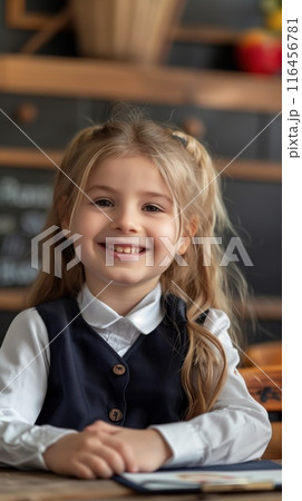 Caucasian seven year old girl wearing classy school uniform sits at wooden desk in classroom. Smiles warmly holding book in lap against gray wall with blackboard and basket of apples. 116456781
