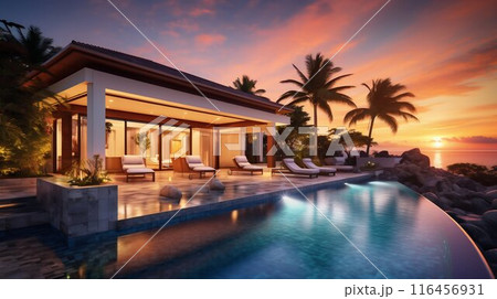 Opulent Villa Resort Featuring a Contemporary Pool at Dawn. Generative ai 116456931