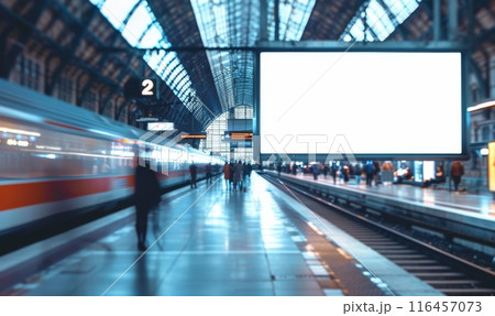 Mockup display in railway station. Blank board on underground platform. Empty business billboard in metro. Marketing mock up banner in subway. Template poster in city street. 116457073