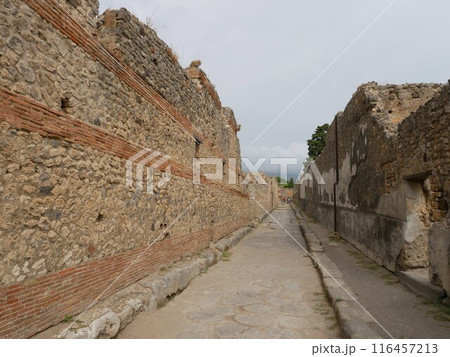 イタリア、ポンペイ　古代石畳道と家屋 116457213
