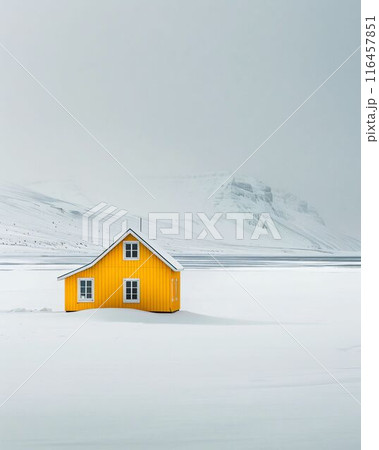 Yellow House in Snowy Landscape 116457851