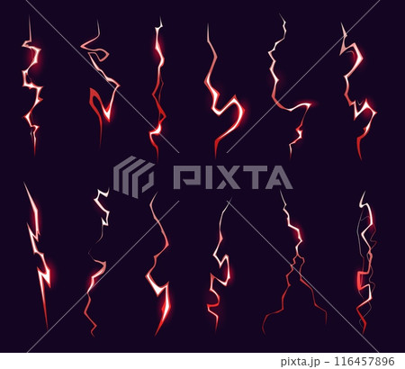 Cartoon red thunder effect. Electric power. Lightnings glow hit. Thunderbolt strikes. Game magical spell attack. Electricity energy discharges. Vector thunderstorm dazzle flashes set 116457896
