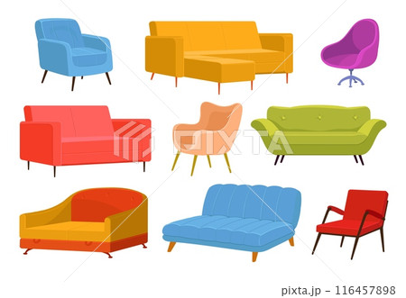 Couches and sofas. Upholstered furniture. Interior elements. Leather or fabric soft seats. Home room furnishing. Comfortable lounges. Classic and modern design. Splendid vector set Couches and sofas. Upholstered furniture. Interior elements. Leather or fabric soft seats. Home room furnishing. Comfortable lounges. Classic and modern design. Splendid vector set 116457898