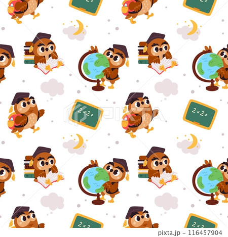 Cute owls seamless pattern. Wise birds with globes. Class blackboard. School satchels and books. Kids education. Funny animal mascot. Owlet student studying. Garish vector background 116457904