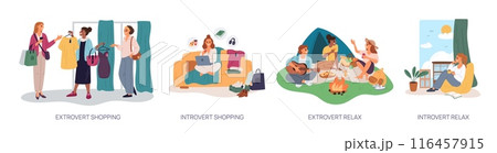 Introverted and extroverted people. Psychological types. Inward or outward orientation. Open and closed persons. Women shopping. Relaxing at home or travel with tent. Garish vector set Introverted and extroverted people. Psychological types. Inward or outward orientation. Open and closed persons. Women shopping. Relaxing at home or travel with tent. Garish vector set 116457915