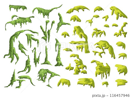 Swamp moss. Green jungle plants. Forest lichens. Small fluffy microgreens. Overgrown stone and tree branch. Different shapes. Greenery pieces. Natural surface covers. Splendid vector set 116457946