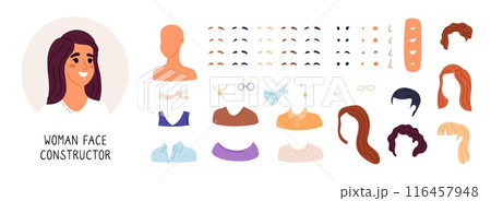 Woman face constructor. Cartoon female character. Girl avatar creation. Choosing body parts. Facial generator kit. Beautiful hairstyles. Smile lips. Mouth and nose. Garish vector set Woman face constructor. Cartoon female character. Girl avatar creation. Choosing body parts. Facial generator kit. Beautiful hairstyles. Smile lips. Mouth and nose. Garish vector set 116457948