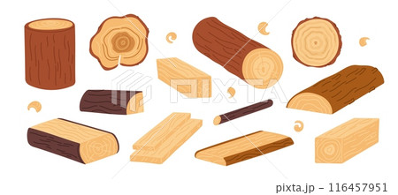 Wooden logs. Natural building and joinery materials. Timber beams. Hardwood planks and stumps. Lumber industry. Woodwork elements. Chopped firewood. Carpentry boards. Garish vector set Wooden logs. Natural building and joinery materials. Timber beams. Hardwood planks and stumps. Lumber industry. Woodwork elements. Chopped firewood. Carpentry boards. Garish vector set 116457951