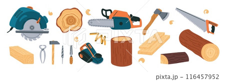 Woodworking tools. Carpentry items and wood industry materials. Timber beams. Hardwood planks or stumps. Electric saw. Plane and axe. Woodcutter equipment. Chopped boards. Garish vector set 116457952